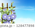 夏空に薄紫色の朝顔の暑中見舞いのハガキテンプレート 128477898