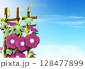 夏空に赤紫色の朝顔の暑中見舞いのハガキテンプレート 128477899