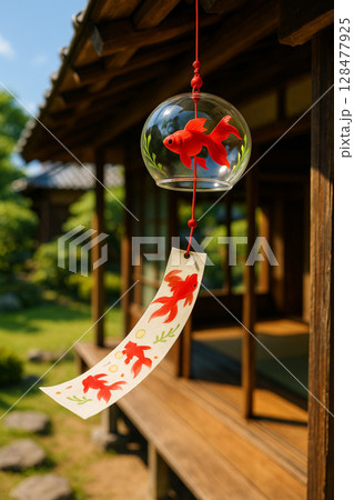 風に揺れる金魚の風鈴 128477925