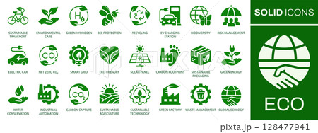 Eco icon set. Collection of ecology, biodiversity, green, solar panel, leaf and more. Vector illustration. Easily changes to any color. 128477941