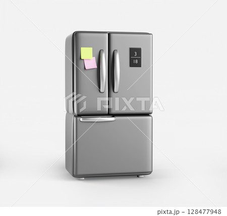 French door refrigerator stainless with freezer 3d render icon. Kitchen fridge with digital display, color paper stickers, handles. Modern silver household appliance for food storage. 3D illustration 128477948