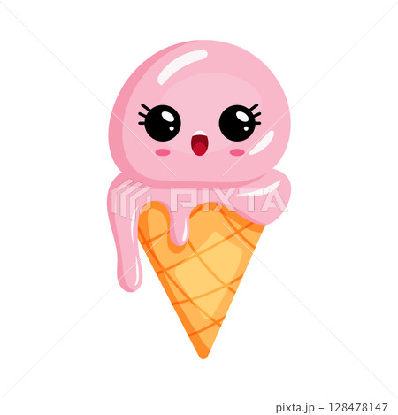Cute kawaii ice cream cone character with pink ice cream 128478147