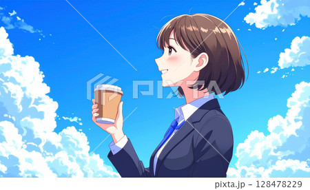 夏の入道雲の下でコーヒーを飲む20代の日本人OL ビジネス 夏の入道雲の下でコーヒーを飲む20代の日本人OL ビジネス 128478229