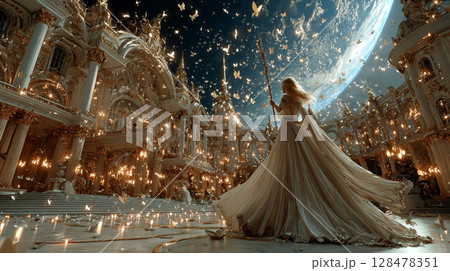 蝶が舞う神殿に佇む月の女神と幻想的な宇宙の風景 蝶が舞う神殿に佇む月の女神と幻想的な宇宙の風景 128478351