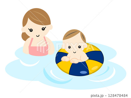 プールで遊ぶ赤ちゃんとお母さん 128478484