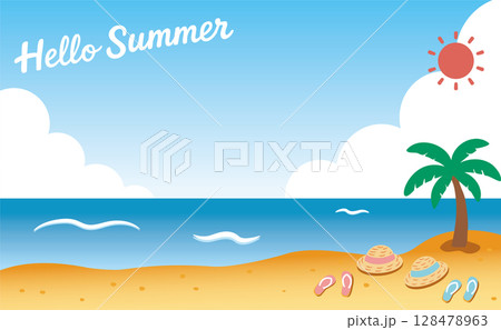 麦わら帽子とサンダルが並ぶ夏の海辺の風景（Hello Summer）01 128478963