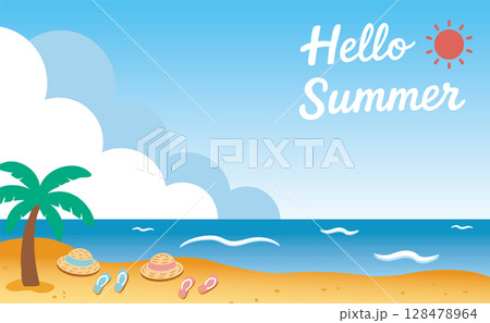 麦わら帽子とサンダルが並ぶ夏の海辺の風景（Hello Summer）02 128478964