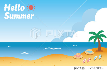雲文字で描いた夏の海辺の風景（Hello Summer）0201 128478966