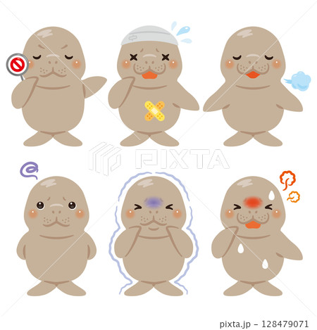 様々な状態のジュゴンのキャラクターイラストセット 128479071