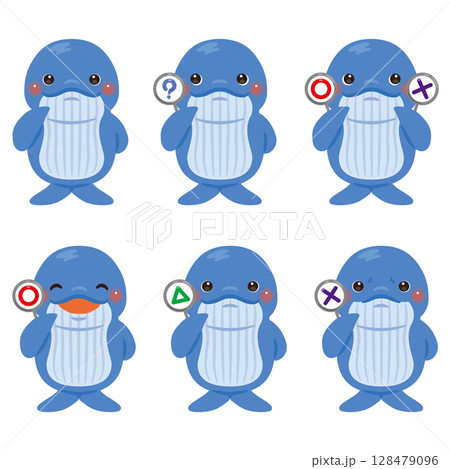 ○×△の札を持ったクジラのキャラクターイラストセット 128479096