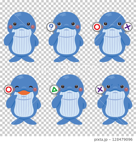 ○×△の札を持ったクジラのキャラクターイラストセット 128479096
