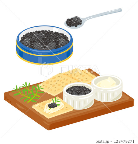 缶に入ったキャビアとクラッカーセットのイラスト 128479271