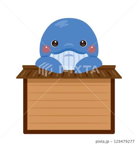 木製看板に乗ったクジラのキャラクターイラスト 128479277