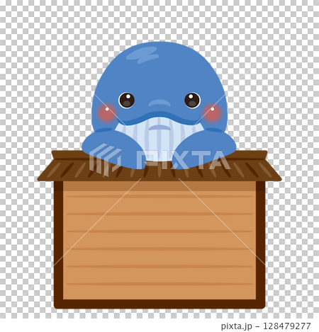 木製看板に乗ったクジラのキャラクターイラスト 128479277