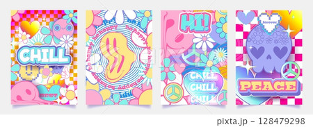 Y2k sticker poster set with retro smile faces Y2k sticker poster set with retro smile faces 128479298