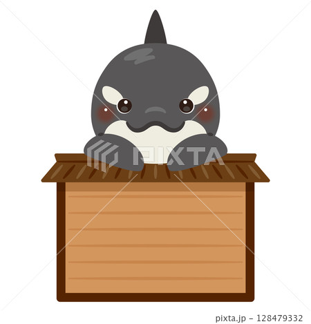 木製看板に乗ったシャチのキャラクターイラスト 128479332