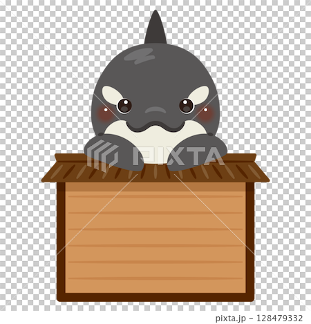 木製看板に乗ったシャチのキャラクターイラスト 128479332