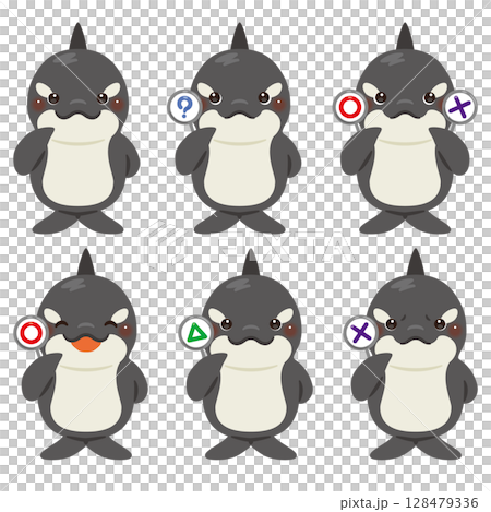 一組虎鯨人物插圖,上面有圓形、方形和三角形的卡片 一組虎鯨人物插圖,上面有圓形、方形和三角形的卡片 128479336