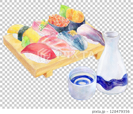 Watercolor illustration, hand-drawn illustration, sushi and sake 128479356