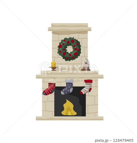 Cozy holiday fireplace with stockings and decorations in a warm setting Cozy holiday fireplace with stockings and decorations in a warm setting 128479405