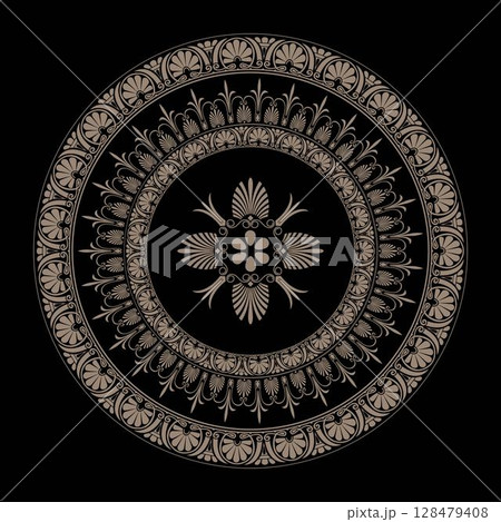 Gold round classic frame plate with pattern in center. Greek meander. Round antique border. Patterns of Greece, ancient Rome. Circle european border. Classic egyptian, assyrian, greek motives 128479408