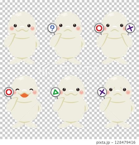 ○×△の札を持ったシロイルカのキャラクターイラストセット 128479416