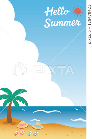 麦わら帽子とサンダルが並ぶ夏の海辺の風景_縦型（Hello Summer）02 128479421