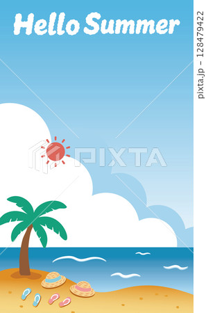 雲文字で描いた夏の海辺の風景_縦型（Hello Summer）0101 128479422