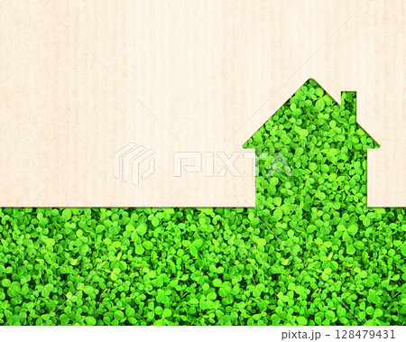 Horizontal backdrop with Eco friendly house. Ecology, go green, environmental and conservation protection concept. Sustainable development of strategy approach to zero waste, responsible consumption Horizontal backdrop with Eco friendly house. Ecology, go green, environmental and conservation protection concept. Sustainable development of strategy approach to zero waste, responsible consumption 128479431