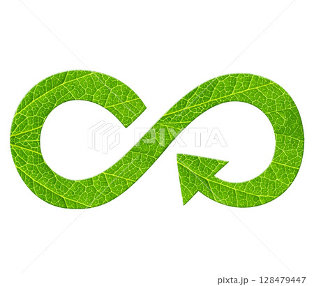 New life. Arrows recycle symbol and green leaf. Reuse, renewable resources. Eco-friendly, Ecology, go green, Green Energy, environmental, zero waste, responsible consumption concept. Isolated on white 128479447