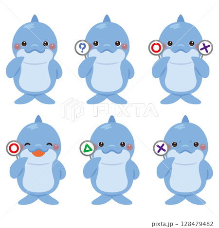 ○×△の札を持ったイルカのキャラクターイラストセット 128479482