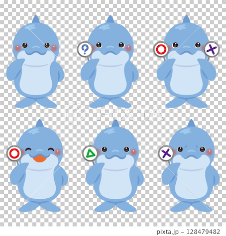 ○×△の札を持ったイルカのキャラクターイラストセット 128479482