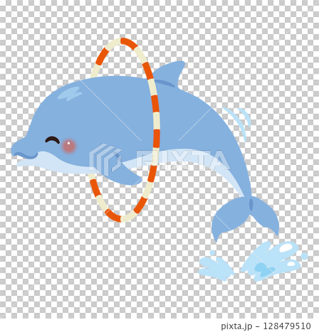 Illustration of a dolphin jumping through a hoop 128479510