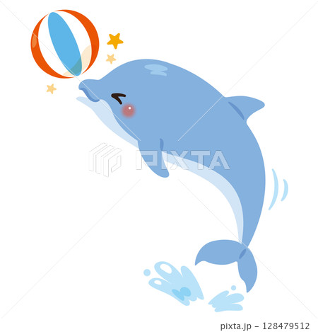 ボール遊びをするイルカのイラスト ボール遊びをするイルカのイラスト 128479512