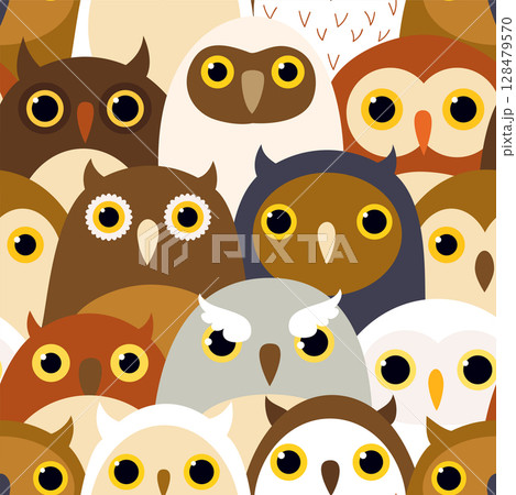 Vector seamless pattern (tiling) with cartoon owls. Cute print in kawaii style. Endless texture can be used for pattern fills, t-shirt design, web page background, fabric design, scrapbooking paper 128479570