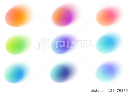 Abstract blurred gradient shapes on white background. Round liquid vector elements with soft gradation. Neon spots with aura. Pastel geometric iridescent set. Abstract blurred gradient shapes on white background. Round liquid vector elements with soft gradation. Neon spots with aura. Pastel geometric iridescent set. 128479579