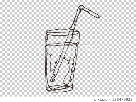 用鬆散的線條藝術描繪了一杯直玻璃杯,杯中裝有吸管,裡面裝滿了液體 用鬆散的線條藝術描繪了一杯直玻璃杯,杯中裝有吸管,裡面裝滿了液體 128479922