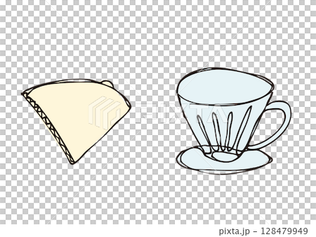 Loose line drawing of a cone coffee filter and dripper illustration Loose line drawing of a cone coffee filter and dripper illustration 128479949