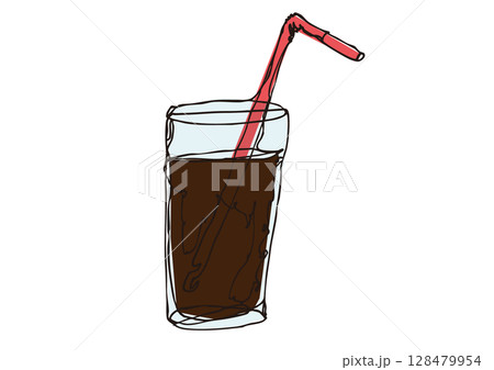 ゆるい線画の液体が入ったストロー付きのストレートグラスのイラスト ゆるい線画の液体が入ったストロー付きのストレートグラスのイラスト 128479954
