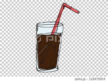 用鬆散的線條藝術描繪了一杯直玻璃杯,杯中裝有吸管,裡面裝滿了液體 用鬆散的線條藝術描繪了一杯直玻璃杯,杯中裝有吸管,裡面裝滿了液體 128479954