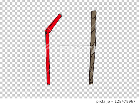 プラストローと紙ストローの手描き線画イラスト プラストローと紙ストローの手描き線画イラスト 128479967