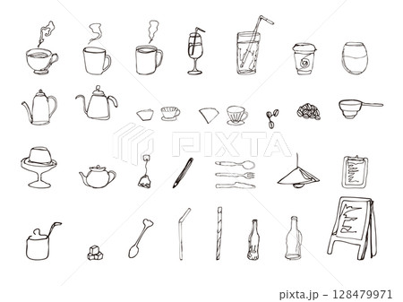 カフェの線画イラストセット カフェの線画イラストセット 128479971