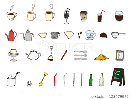 カフェの線画カラーイラストセット 128479972