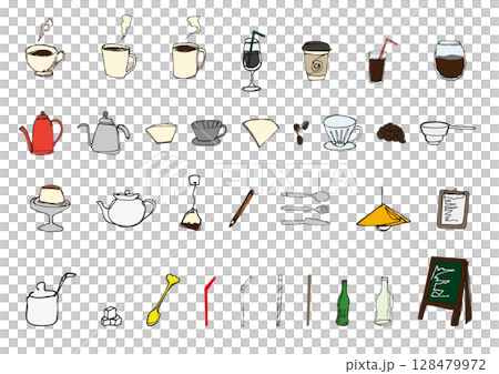 カフェの線画カラーイラストセット 128479972