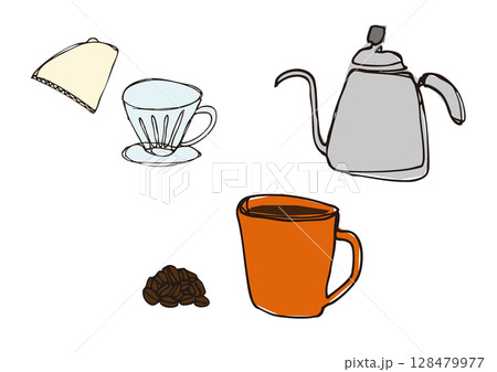 コーヒー道具の線画イラストセット 128479977