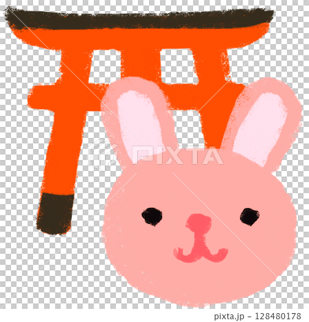 クレヨンタッチ　うさぎが御神体の神社　手描きイラスト 128480178