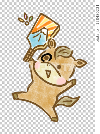 羽子板で遊ぶ可愛い馬の年賀用手描きイラスト 128480231