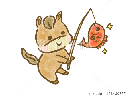 鯛が釣れて喜ぶ可愛い馬の年賀用手描きイラスト 128480235