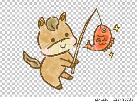 手繪插畫，一隻可愛的小馬因為抓到一條鯛魚而高興，作為新年的祝福 128480235