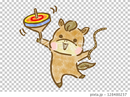 手繪插畫，一匹可愛的馬在旋轉陀螺，以表達新年的祝福 128480237